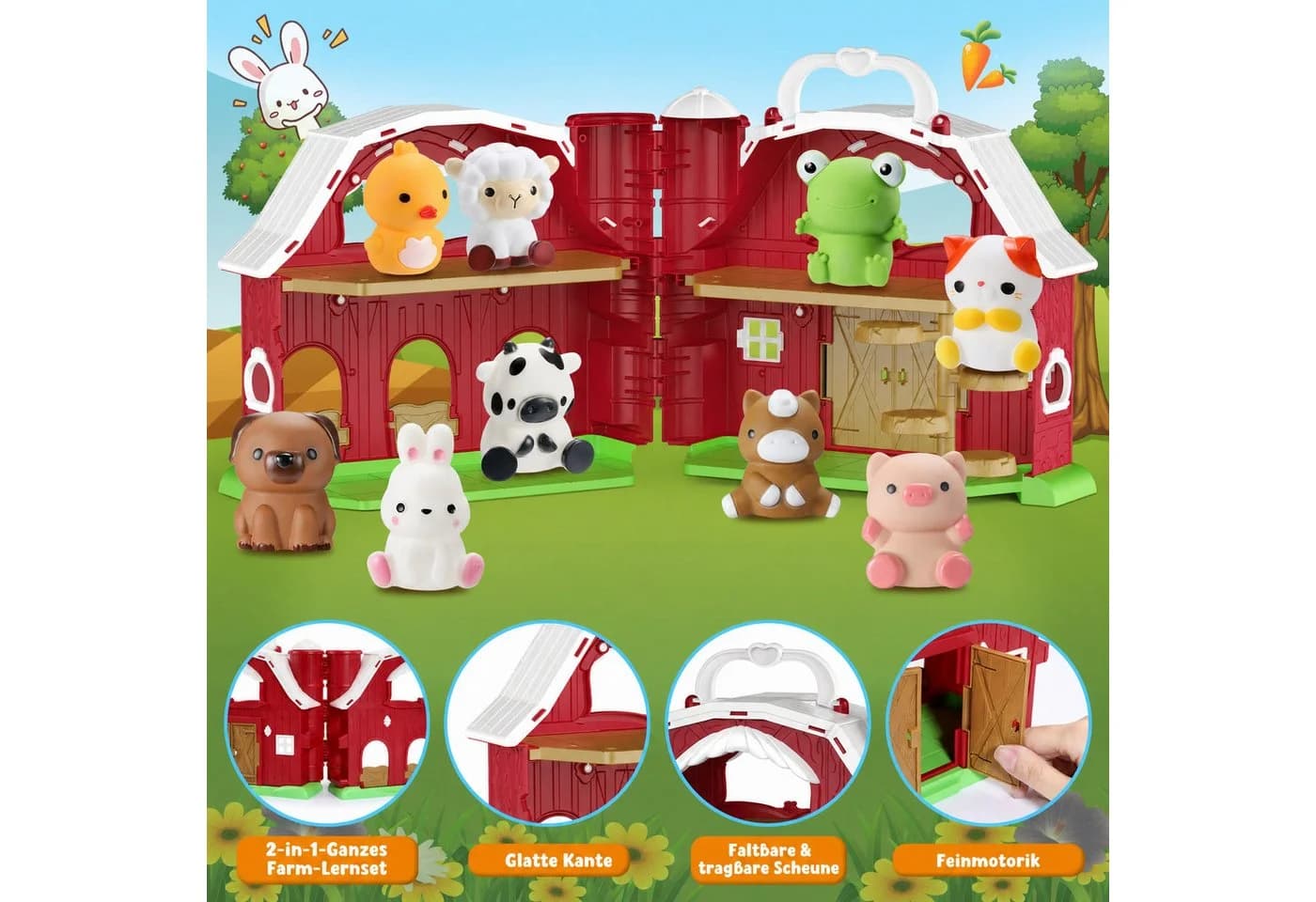 Wootoy Bauernhof-Spielset mit Scheune & 9 Tieren, Rot, Klappbar