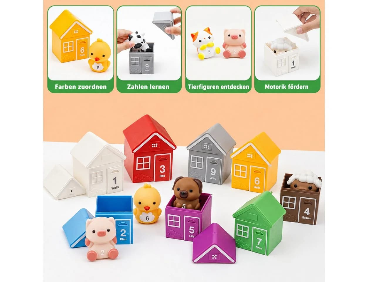 Wootoy Montessori Bauernhof Lernspielzeug 10-tlg. mit 10 Tieren & Scheunen