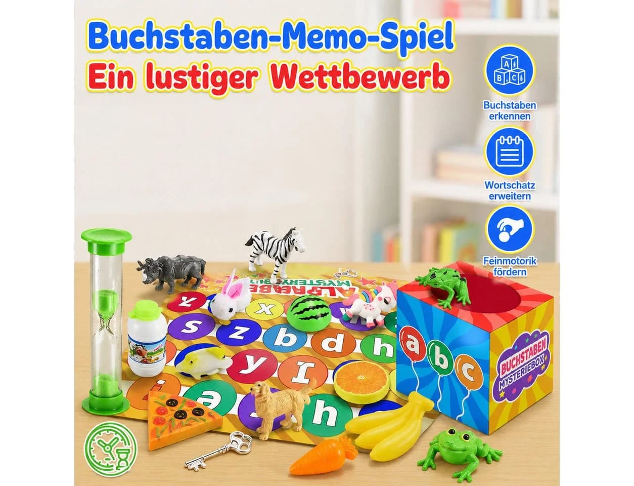 Wootoy Lernspielzeug Alphabet Box mit 26 Figuren & Sanduhr