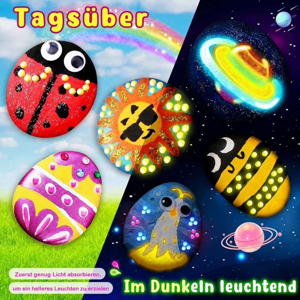 Wootoy Kreativset Steine-Bemalset 12 Steine mit Leuchtfarben