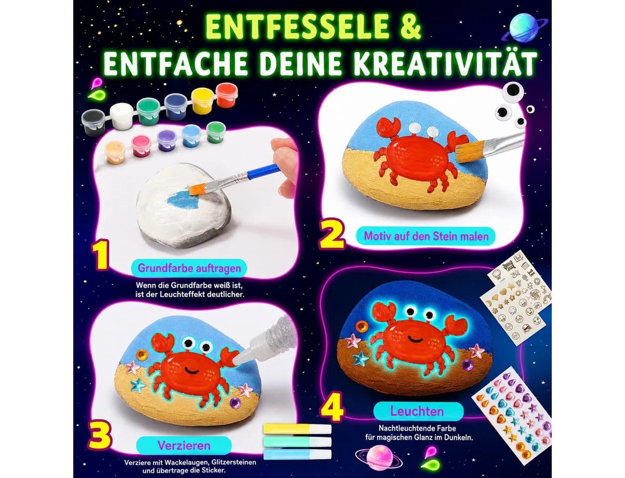 Wootoy Kreativset Steine-Bemalset 12 Steine mit Leuchtfarben - Bild 4