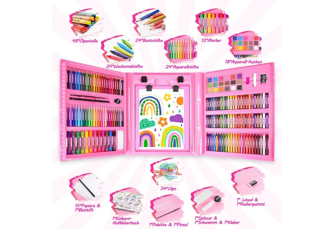 Wootoy Kreativset Mal- und Bastelset Einhorn-Design 208-tlg. Rosa - Bild 4