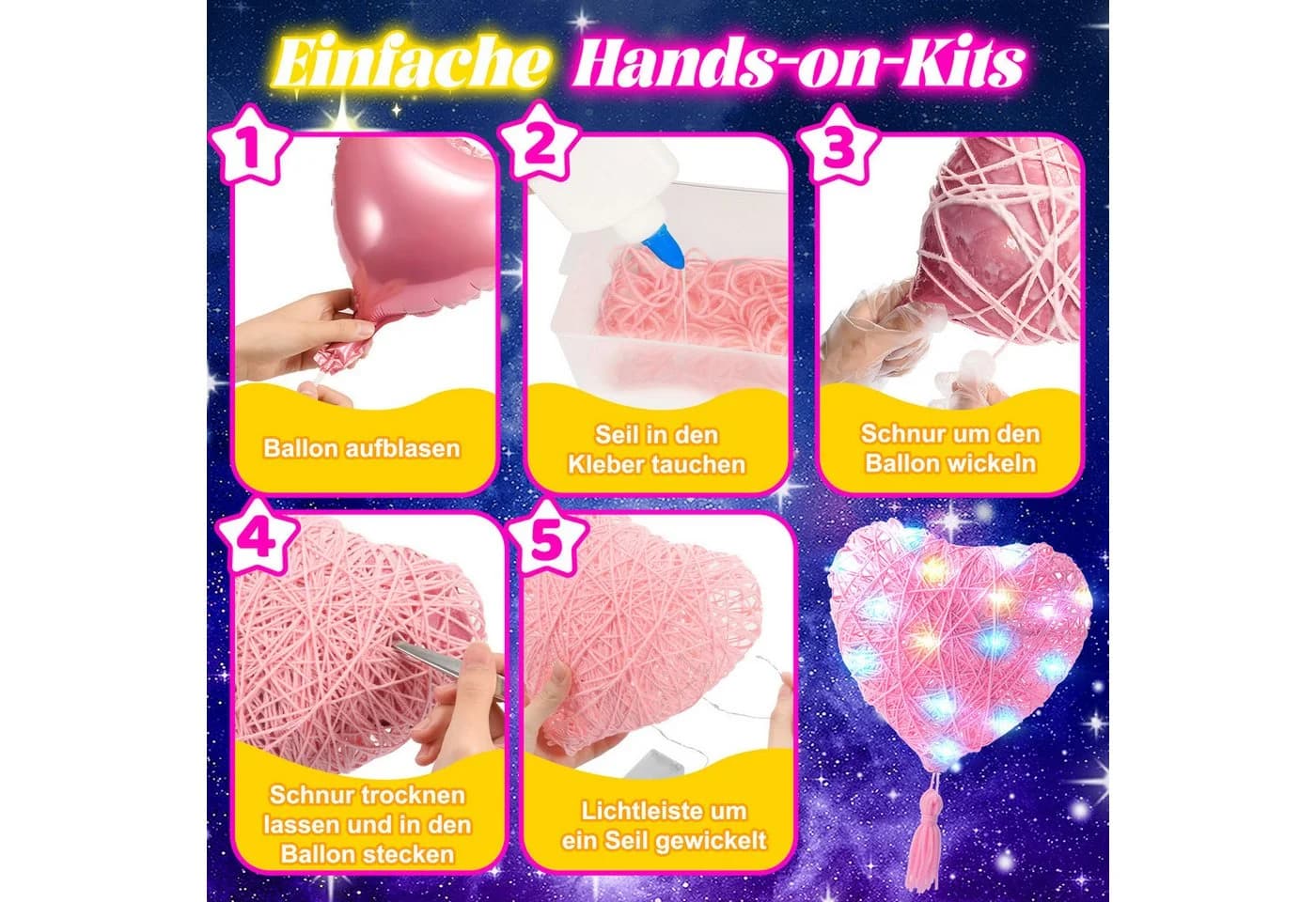 Wootoy Kreativset DIY String Art mit LED-Lichterkette und 3 Ballonformen