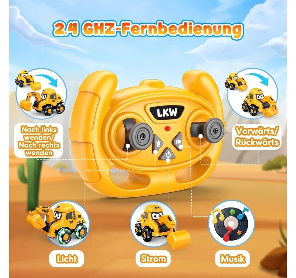 Wootoy RC-Bagger Ferngesteuerter Spielzeug-Bagger Gelb mit LED & Musik - Bild 4