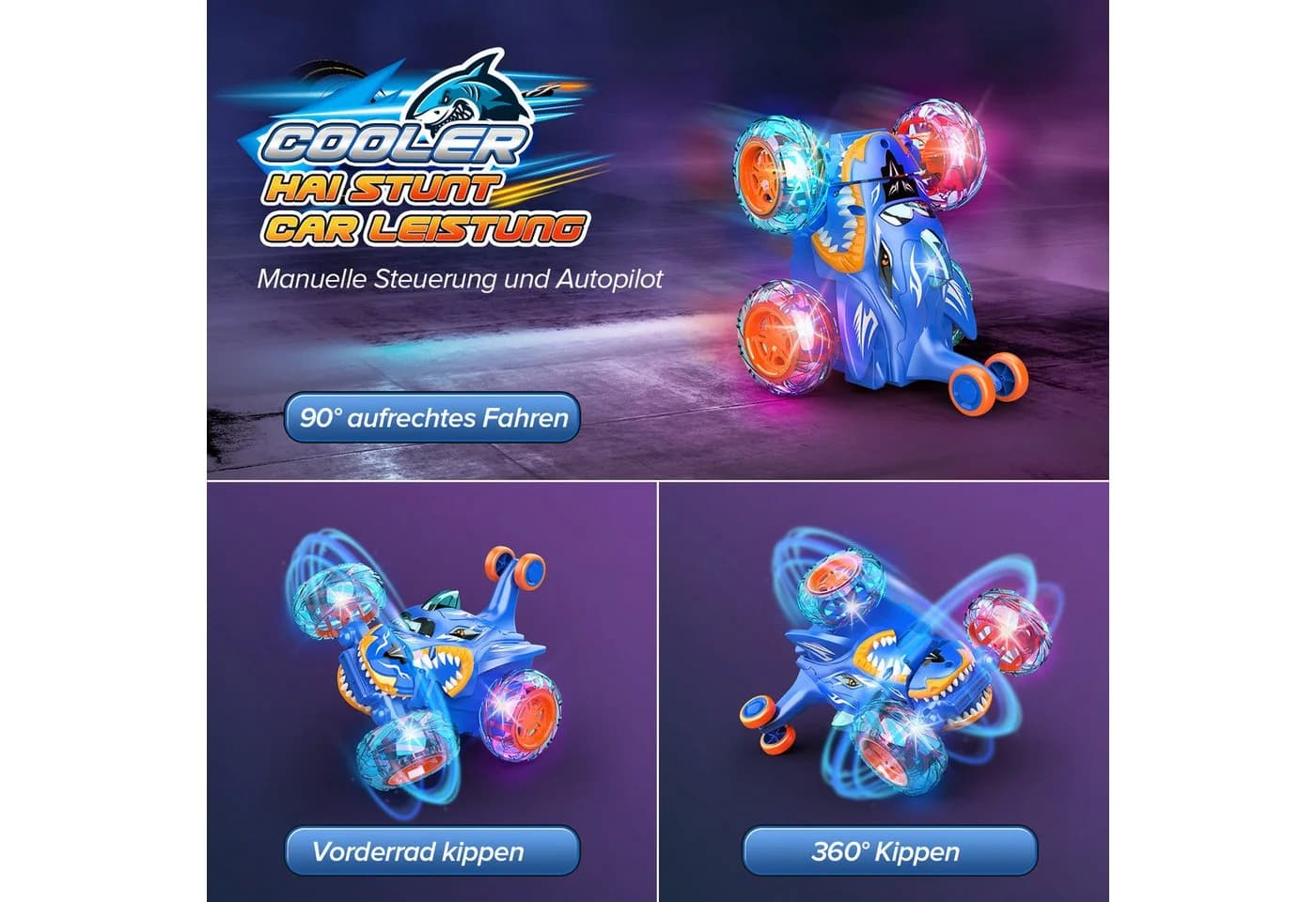 Wootoy RC-Auto Hai Blau 360° Stuntauto mit LED