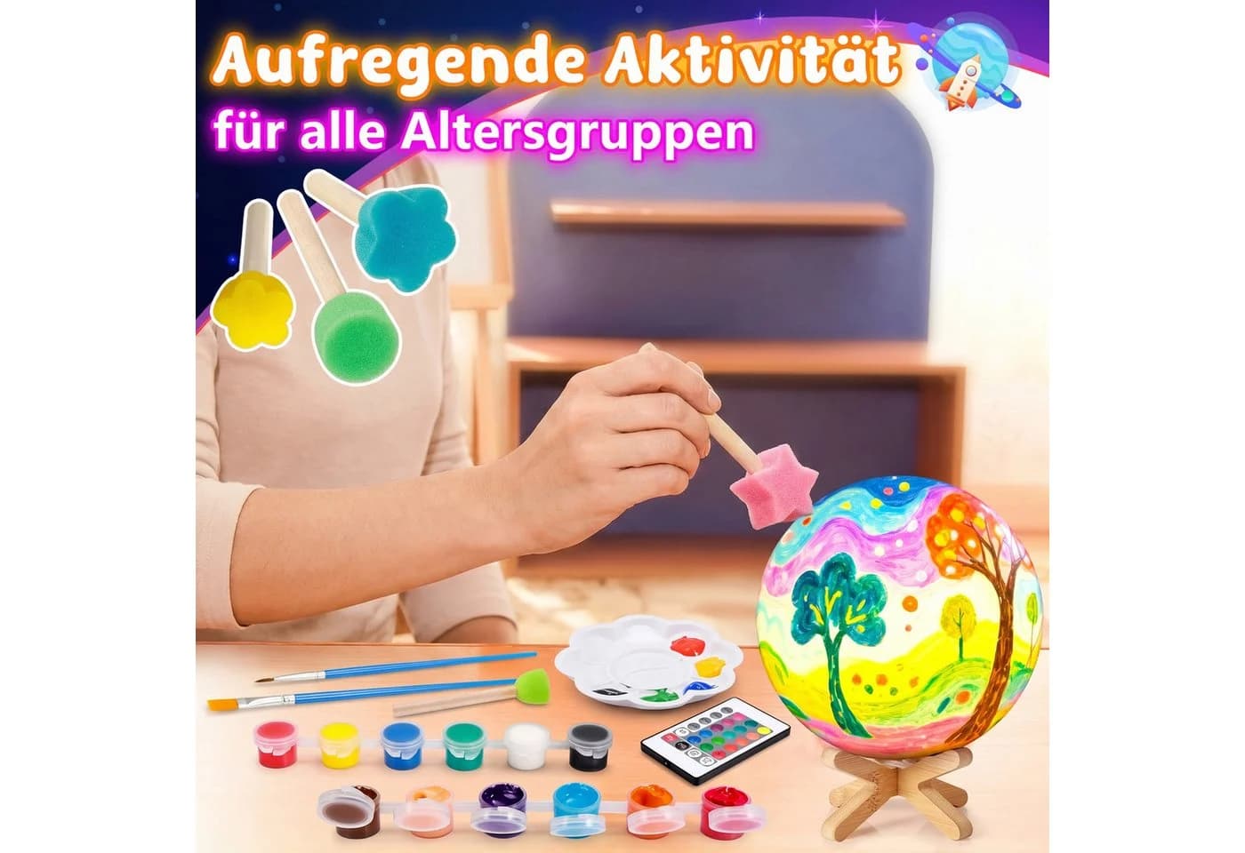 Wootoy Kreativset DIY Mondlampe mit 12 Farben, LED-Nachtlicht & Fernbedienung