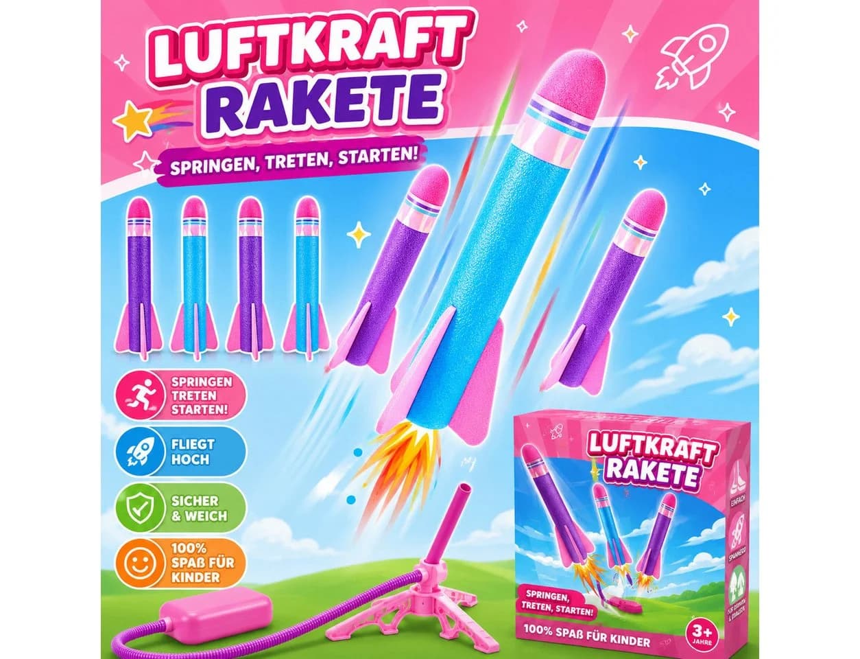 Wootoy Raketenwerfer Set 4-tlg. Schaumstoff Raketen mit Luftbalg - Bild 4