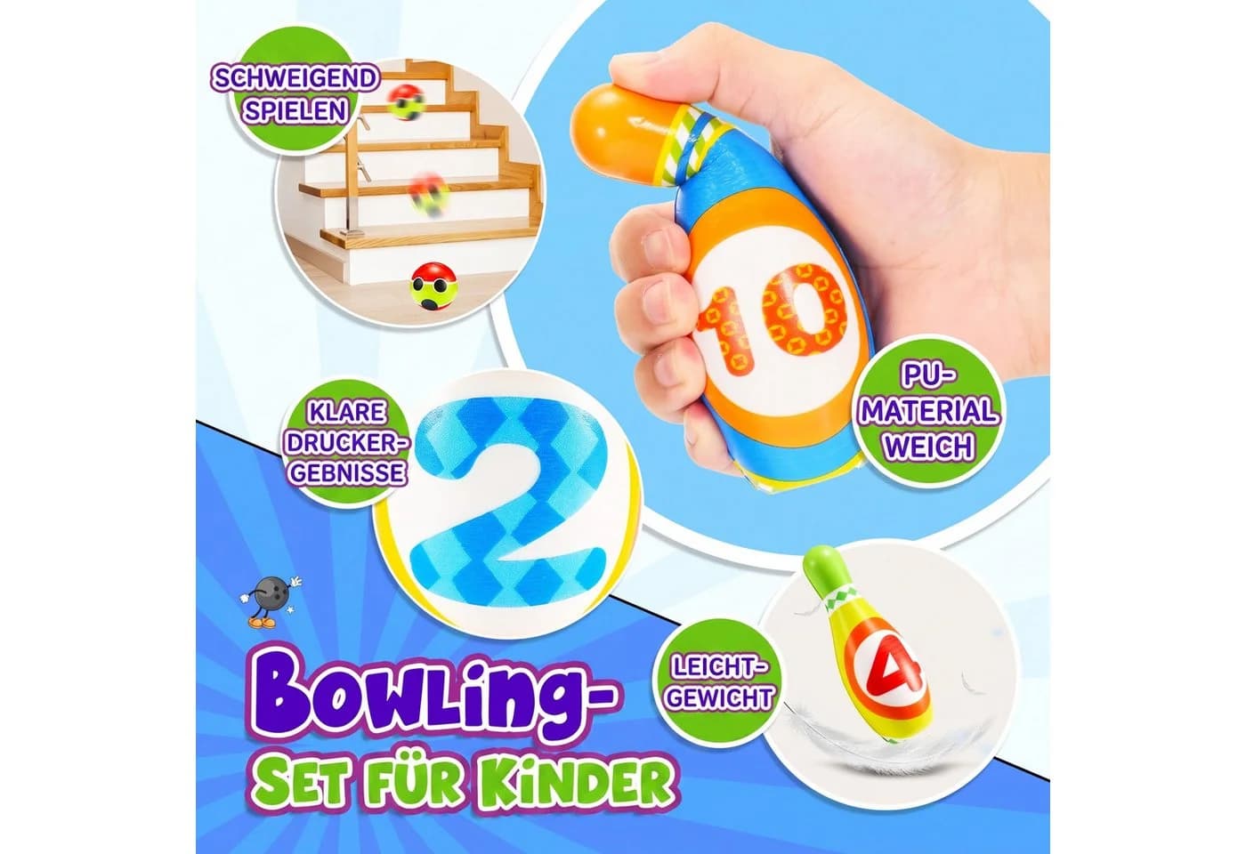 Wootoy Kinder Bowling-Set mit 10 nummerierten Kegeln und Ball