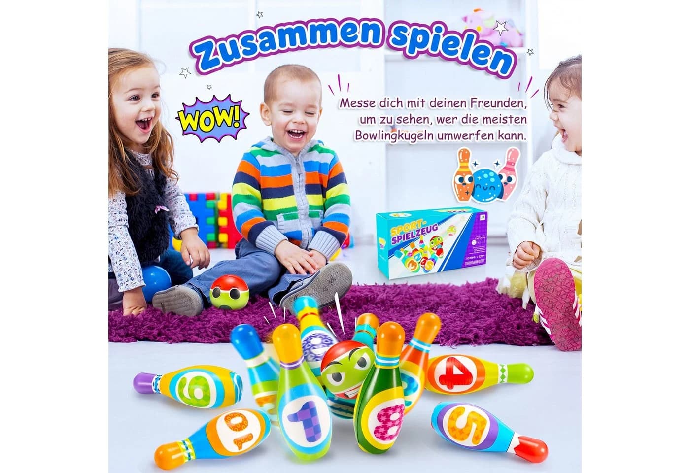 Wootoy Kinder Bowling-Set mit 10 nummerierten Kegeln und Ball - Bild 3