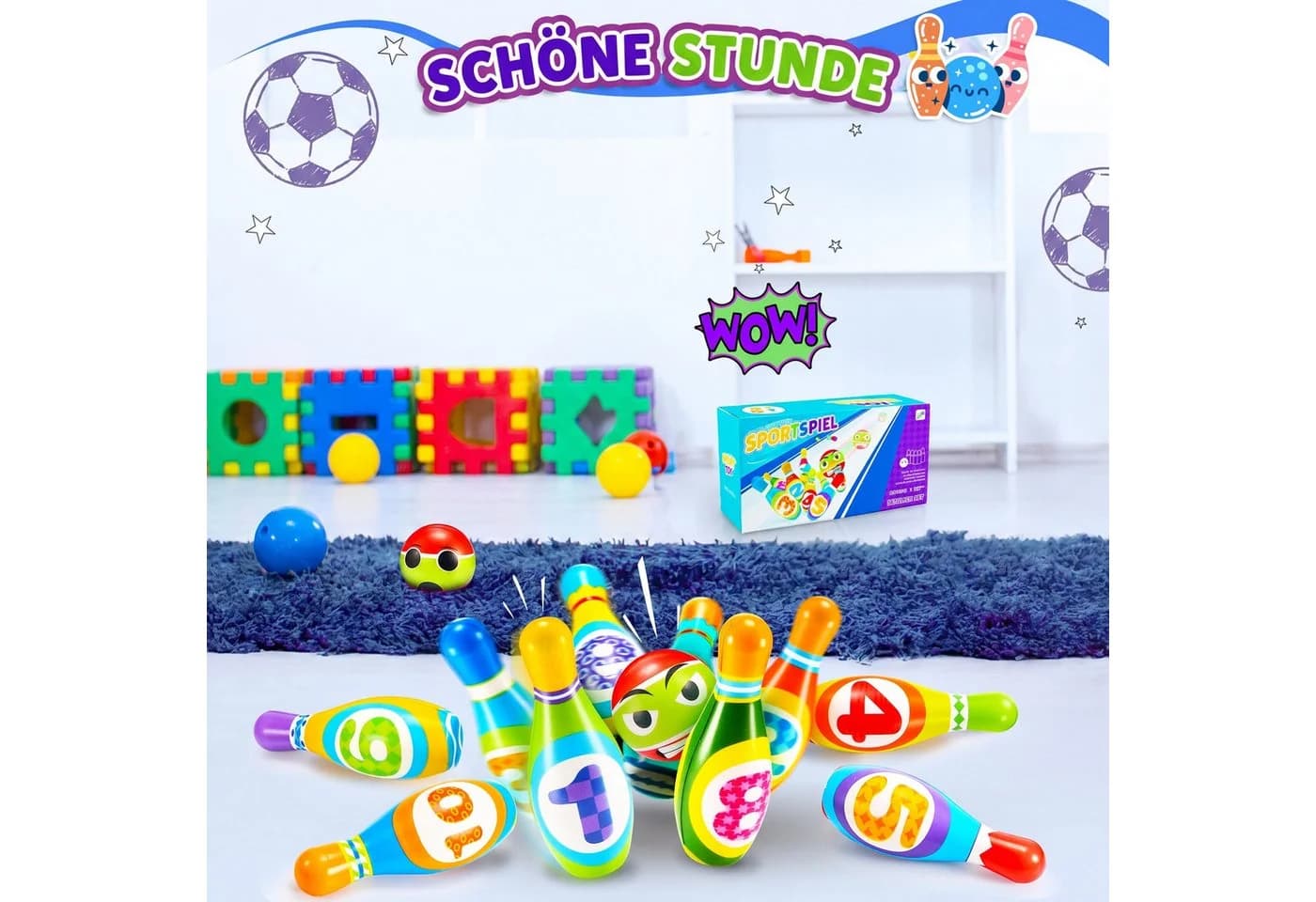 Wootoy Kinder Bowling-Set mit 10 nummerierten Kegeln und Ball - Bild 4