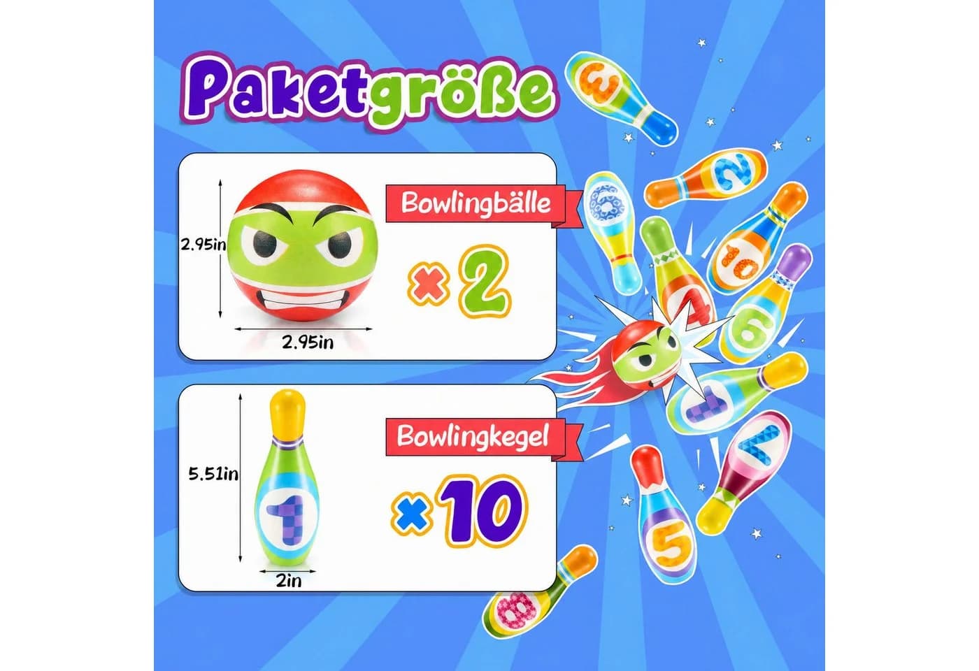 Wootoy Kinder Bowling-Set mit 10 nummerierten Kegeln und Ball - Bild 5