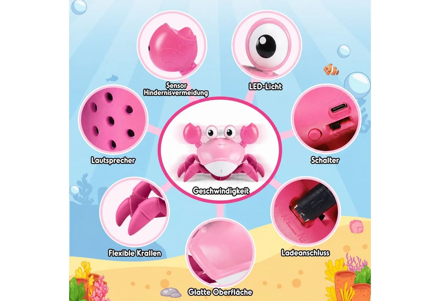 Wootoy Interaktives Krabben-Spielzeug Rosa mit Licht und Musik