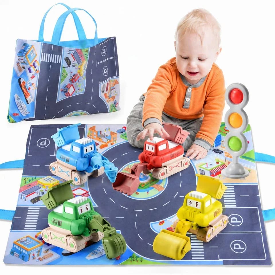 Wootoy 3-in-1 Baustellen-Spielset mit 4 Rückziehfahrzeugen und Spielmatte - Bild 2