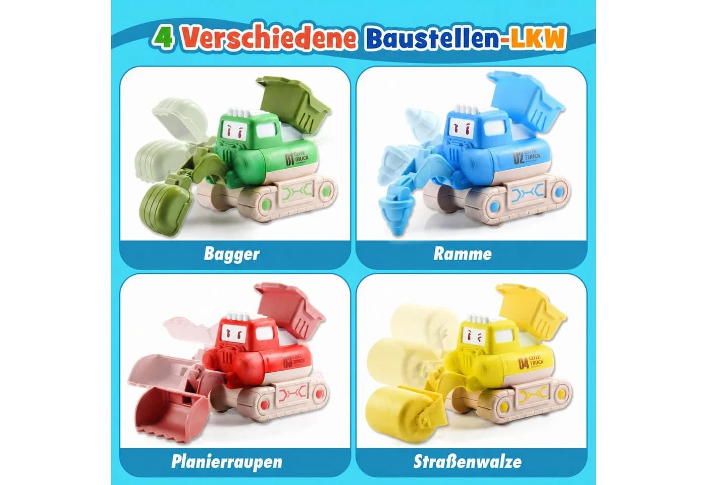 Wootoy 3-in-1 Baustellen-Spielset mit 4 Rückziehfahrzeugen und Spielmatte - Bild 4