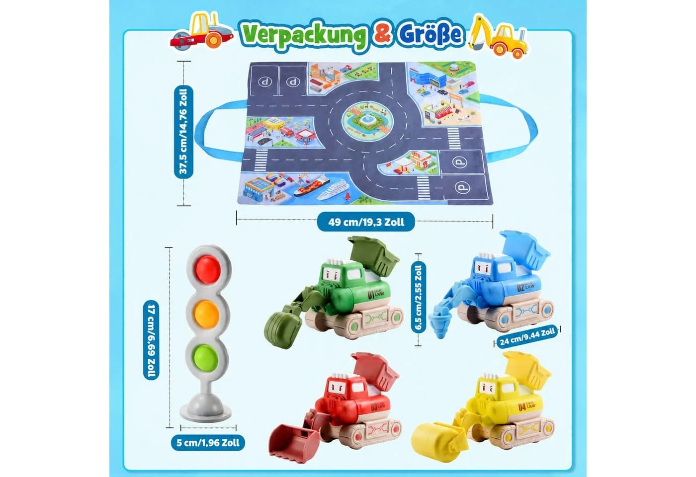 Wootoy 3-in-1 Baustellen-Spielset mit 4 Rückziehfahrzeugen und Spielmatte - Bild 5