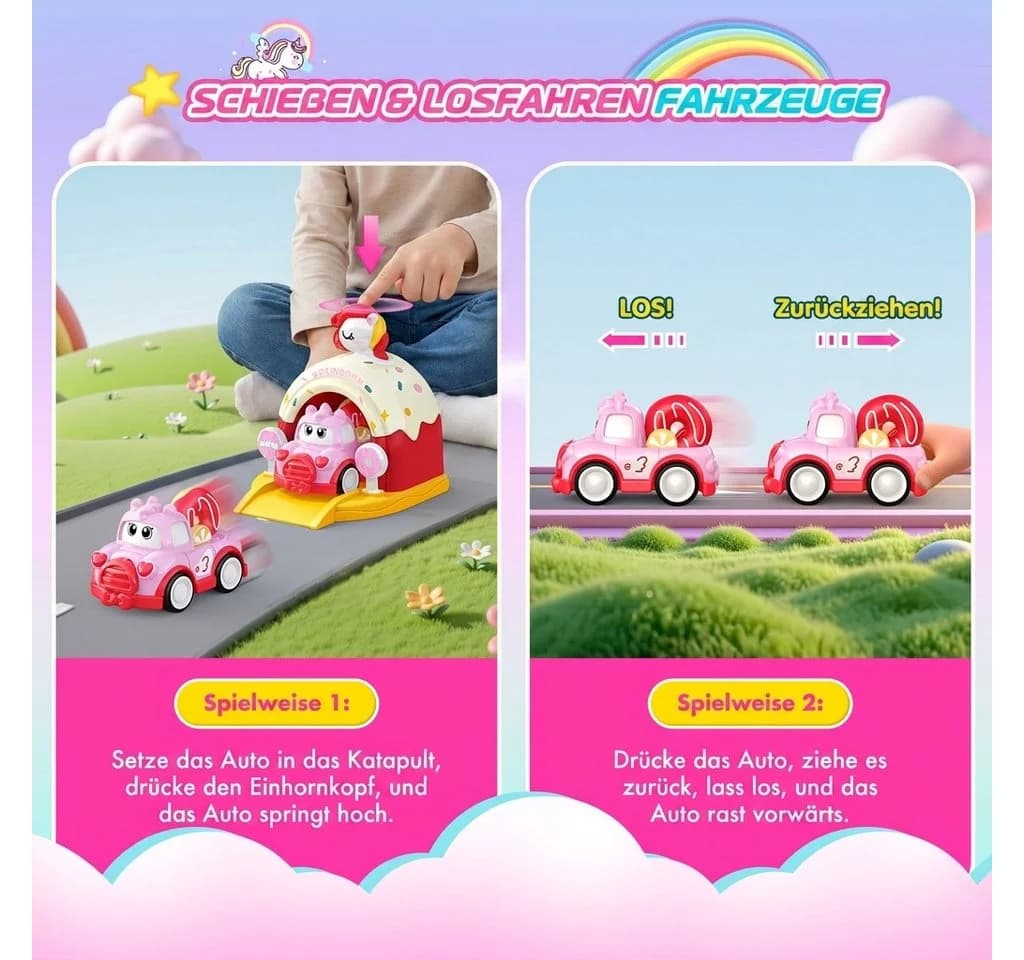 Wootoy Einhorn Spielset mit 6 Rückziehautos und Katapult Rosa