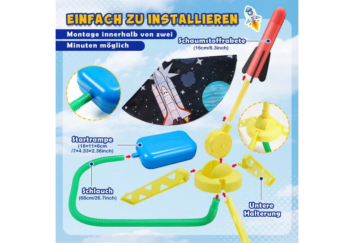 Wootoy Spielzeug-Gartenset Schaumstoff Raketenwerfer Launcher 8-tlg. Blau - Bild 5