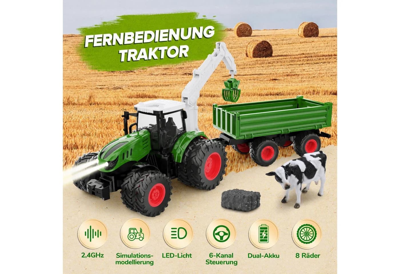 Wootoy RC-Traktor Ferngesteuerter Traktor 2,4-GHz 8-Rad-Antrieb Grün - Bild 3