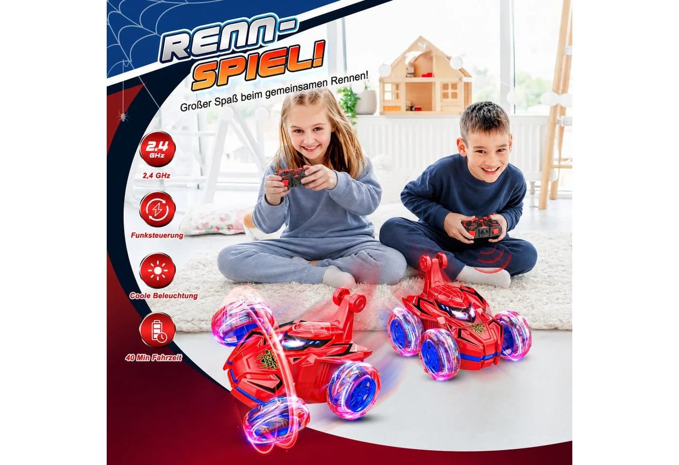 Wootoy RC-Auto Kinder Monstertruck Spider Rot mit 360°-Stunts & LED-Rädern - Bild 4
