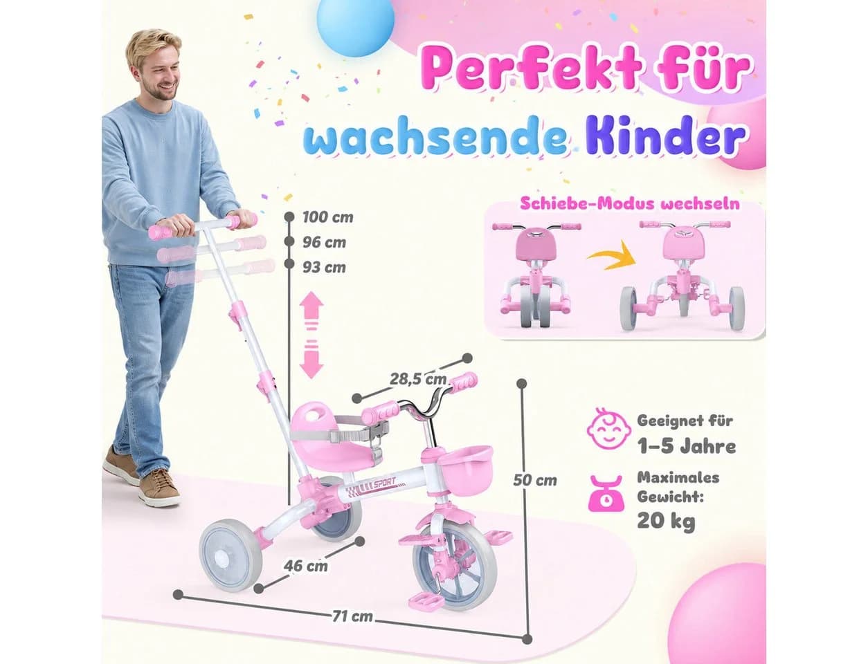 Wootoy Kinderdreirad 5-in-1 mit Schiebestange und Leuchträder - Bild 4