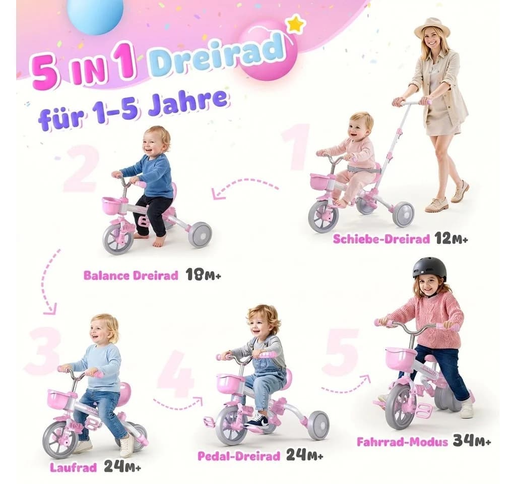 Wootoy Kinderdreirad 5-in-1 mit Schiebestange und Leuchträder - Bild 5