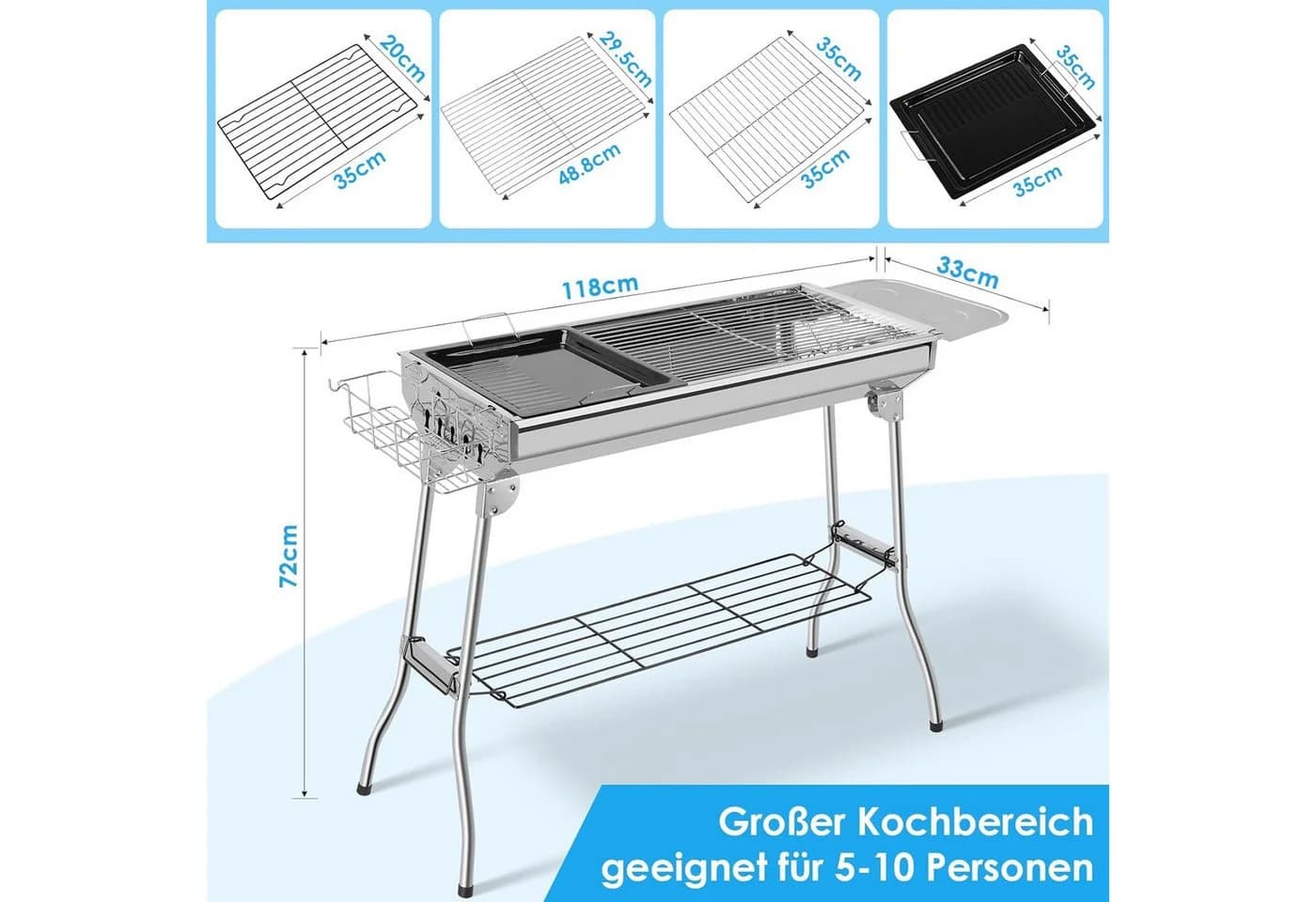TLGREEN Klappgrill Holzkohlegrill Edelstahl Silber mit Zubehör