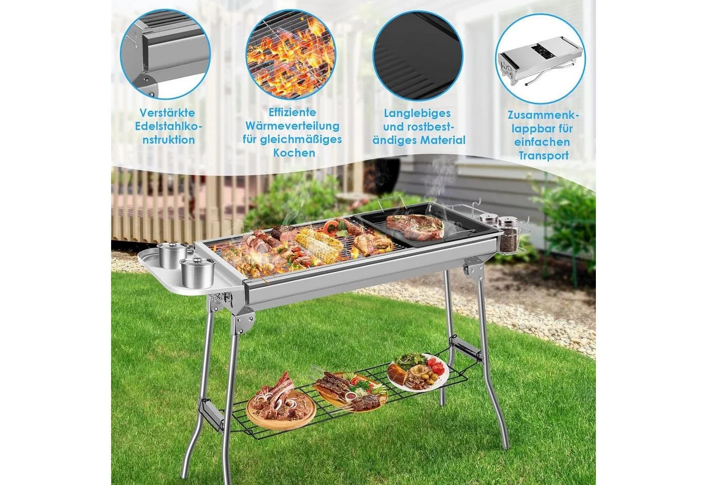 TLGREEN Klappgrill Holzkohlegrill Edelstahl Silber mit Zubehör - Bild 3