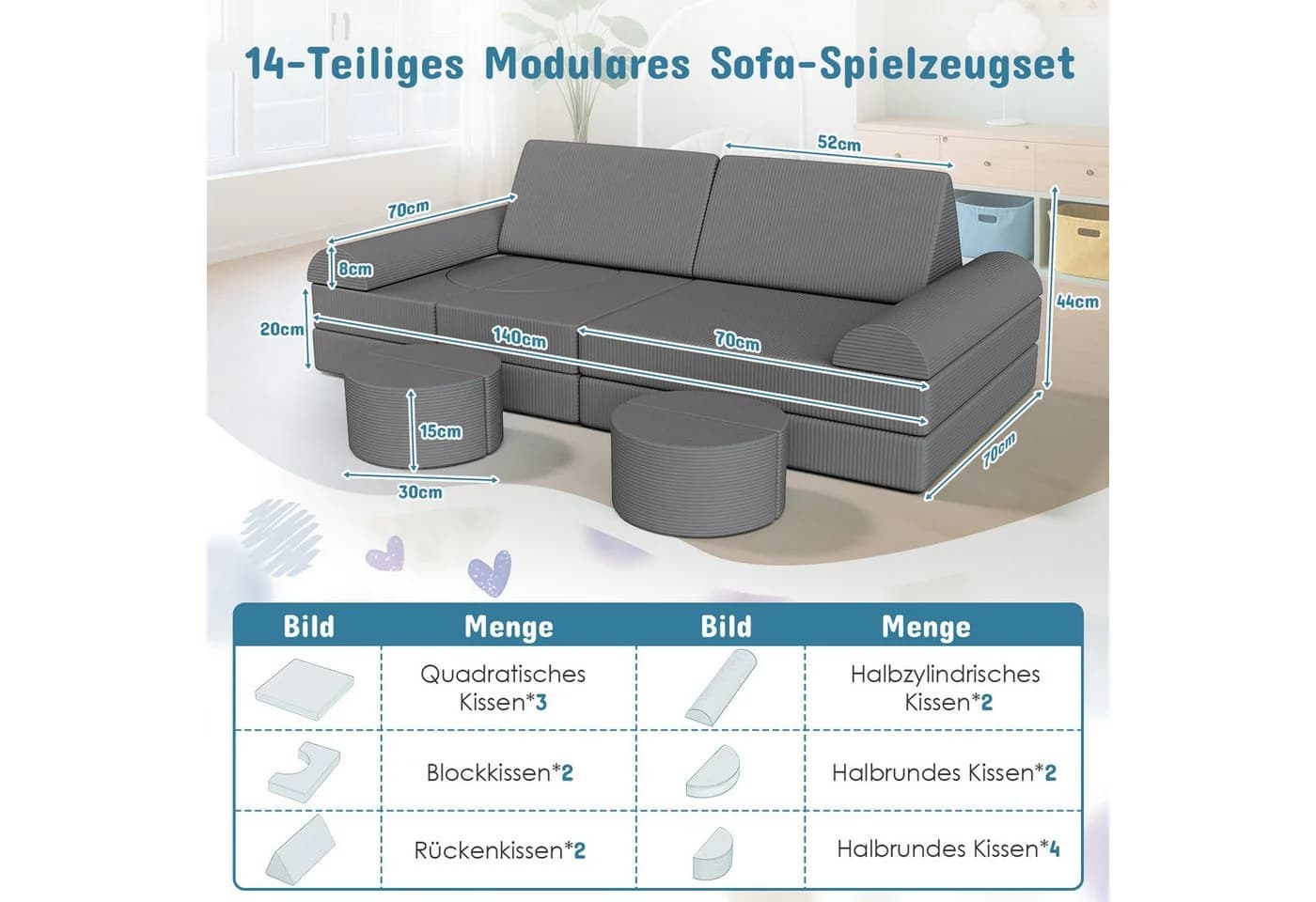 15-teiliges Modulares Kindersofa aus Cord