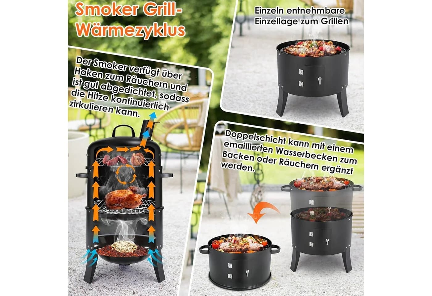 TLGREEN Smoker Räucherofen 3-in-1 Schwarz Edelstahl