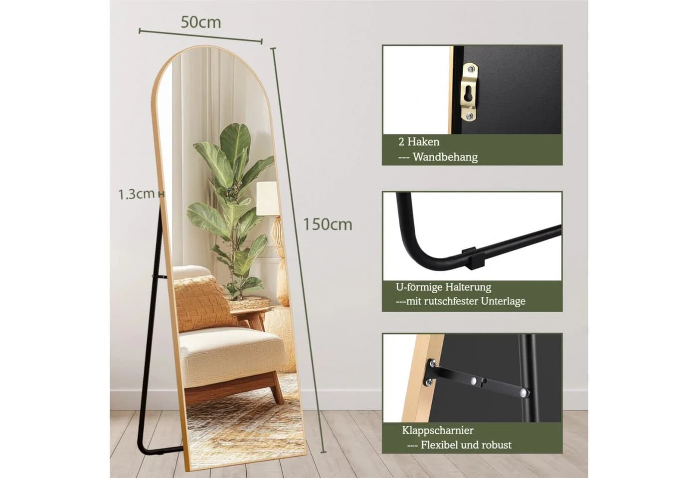 TLGREEN Ganzkörperspiegel 150 x 50 cm Aluminiumrahmen Stand- oder Wandspiegel - Bild 5