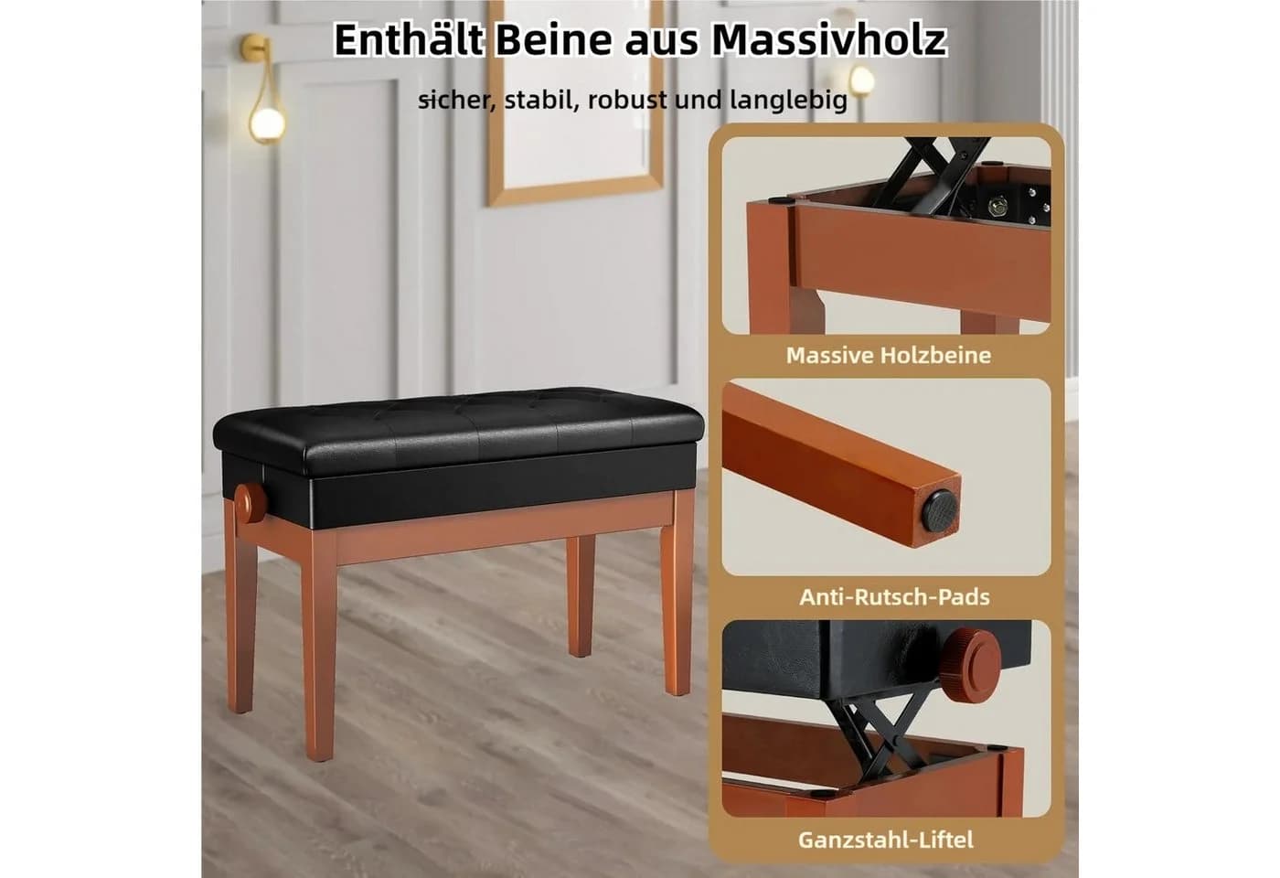 TLGREEN Klavierhocker Höhenverstellbar 48-58CM Schwarz - Bild 4