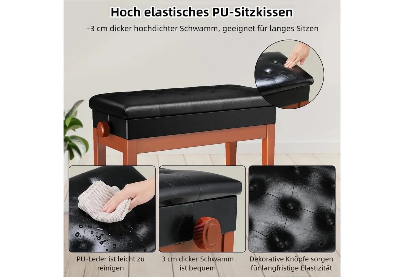 TLGREEN Klavierhocker Höhenverstellbar 48-58CM Schwarz - Bild 5