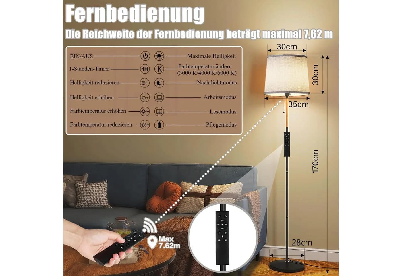 TLGREEN Stehlampe 170cm mit Smart LED-Birne & Fernbedienung - Bild 4