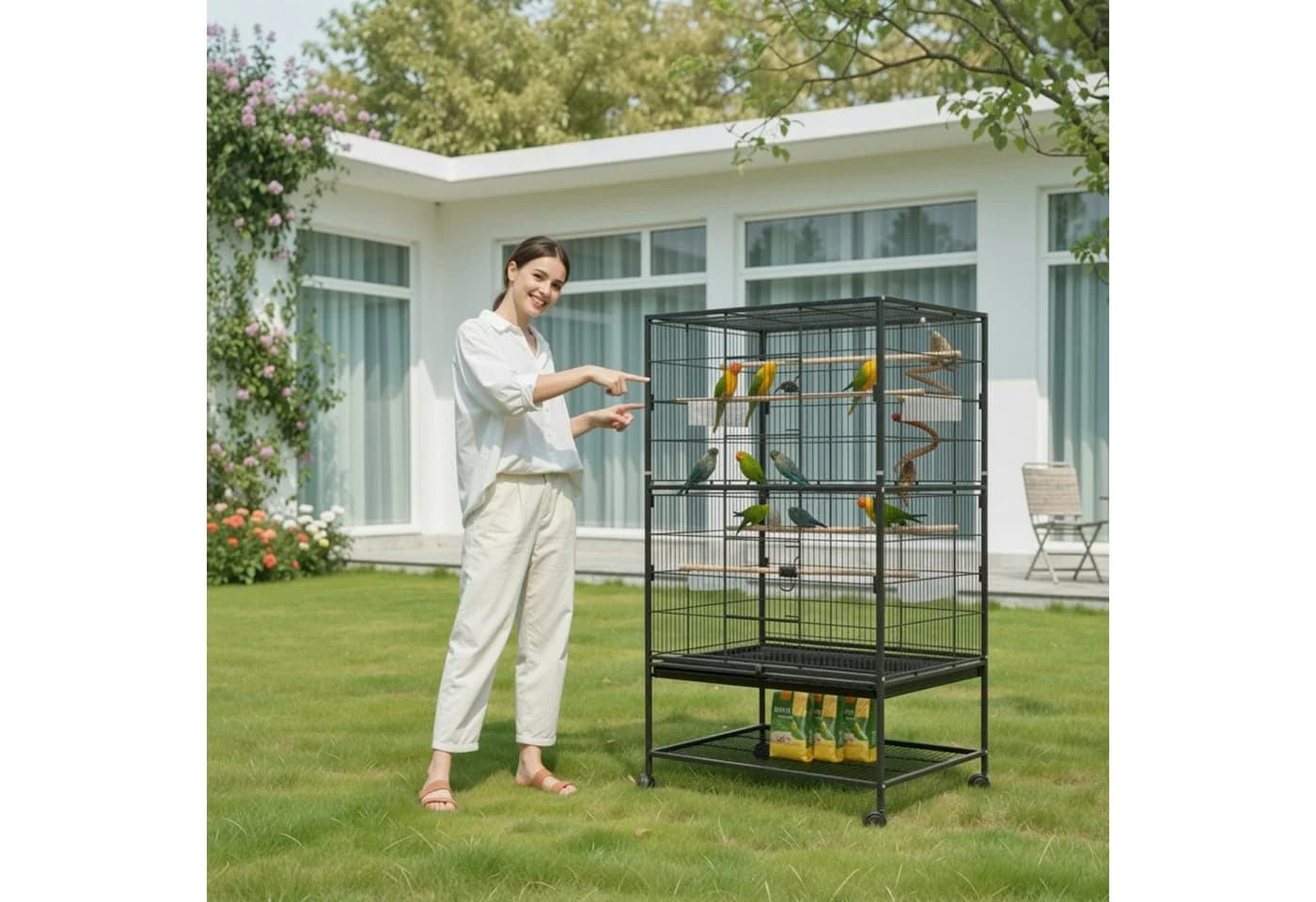 TLGREEN Vogelvoliere 132x78x52 cm Vogelkäfig mit Rollen Futternapf Käfigspielzeug
