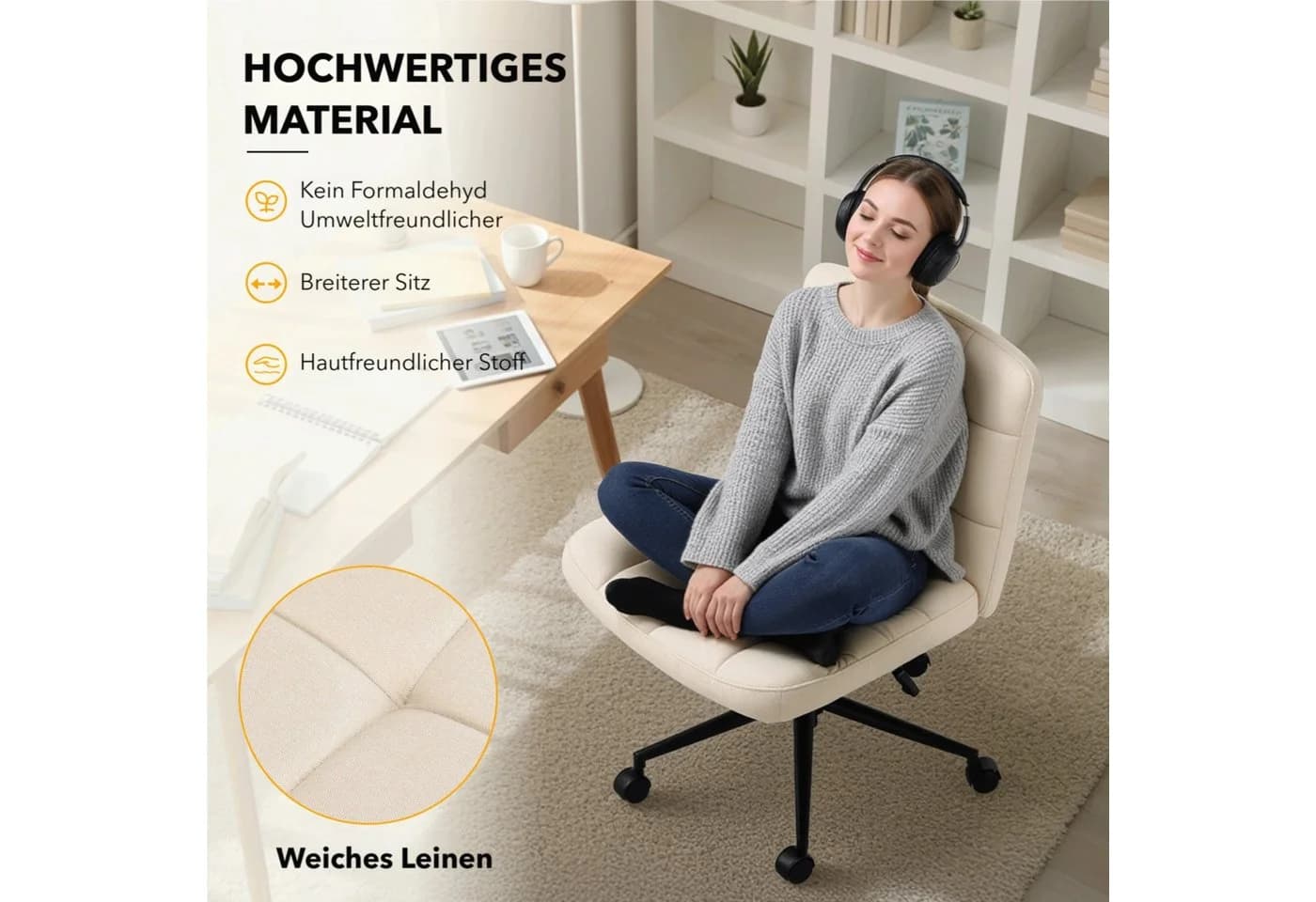 TLGREEN Bürostuhl Drehstuhl mit breiter Sitzfläche, Ergonomischer Stuhl, Höhenverstellbarer Schneidersitz Drehstuhl für Home Office - Bild 4