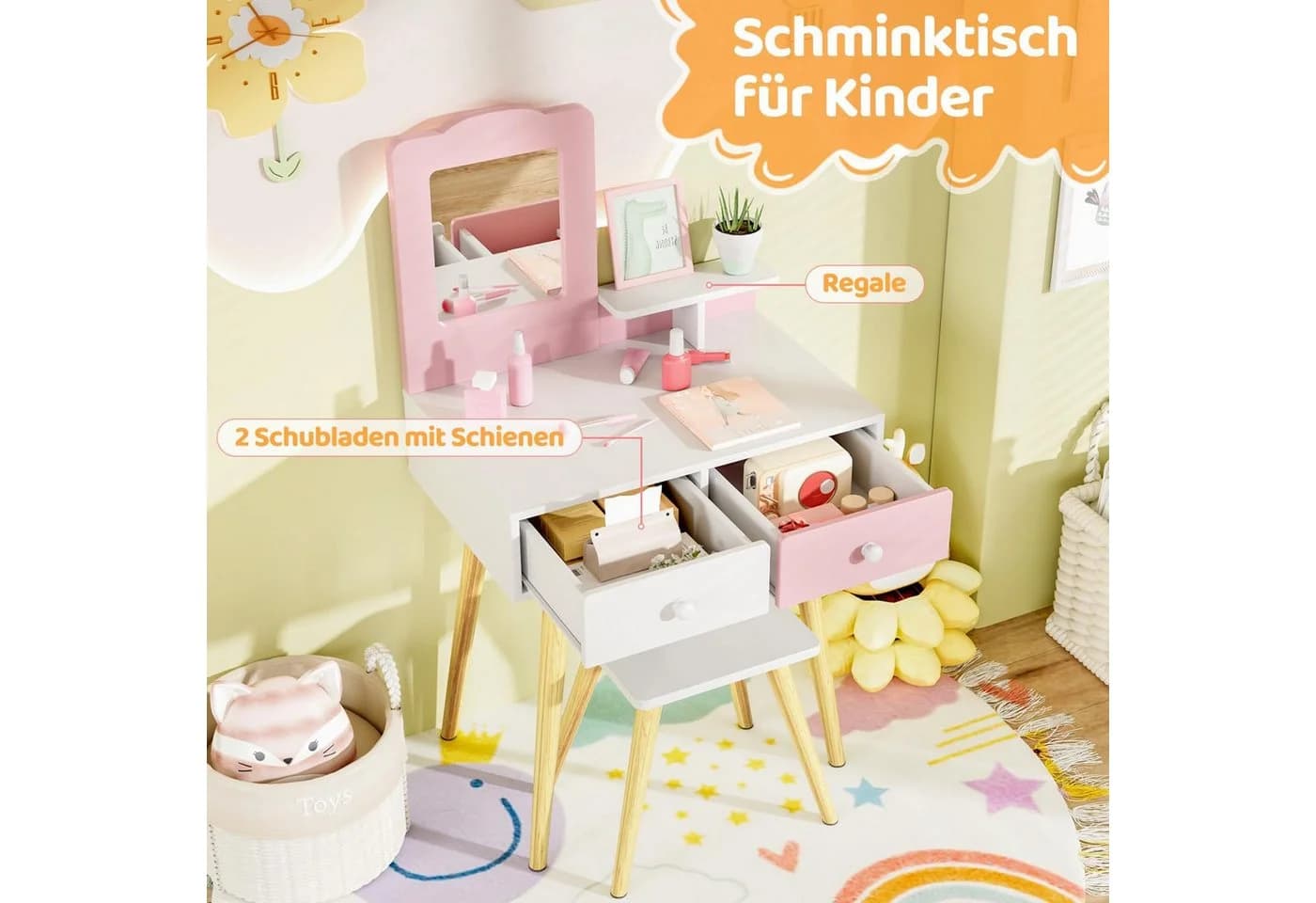 TLGREEN Kinderschminktisch 2-in-1 Rosa-Weiß mit Spiegel, Hocker & Schubladen