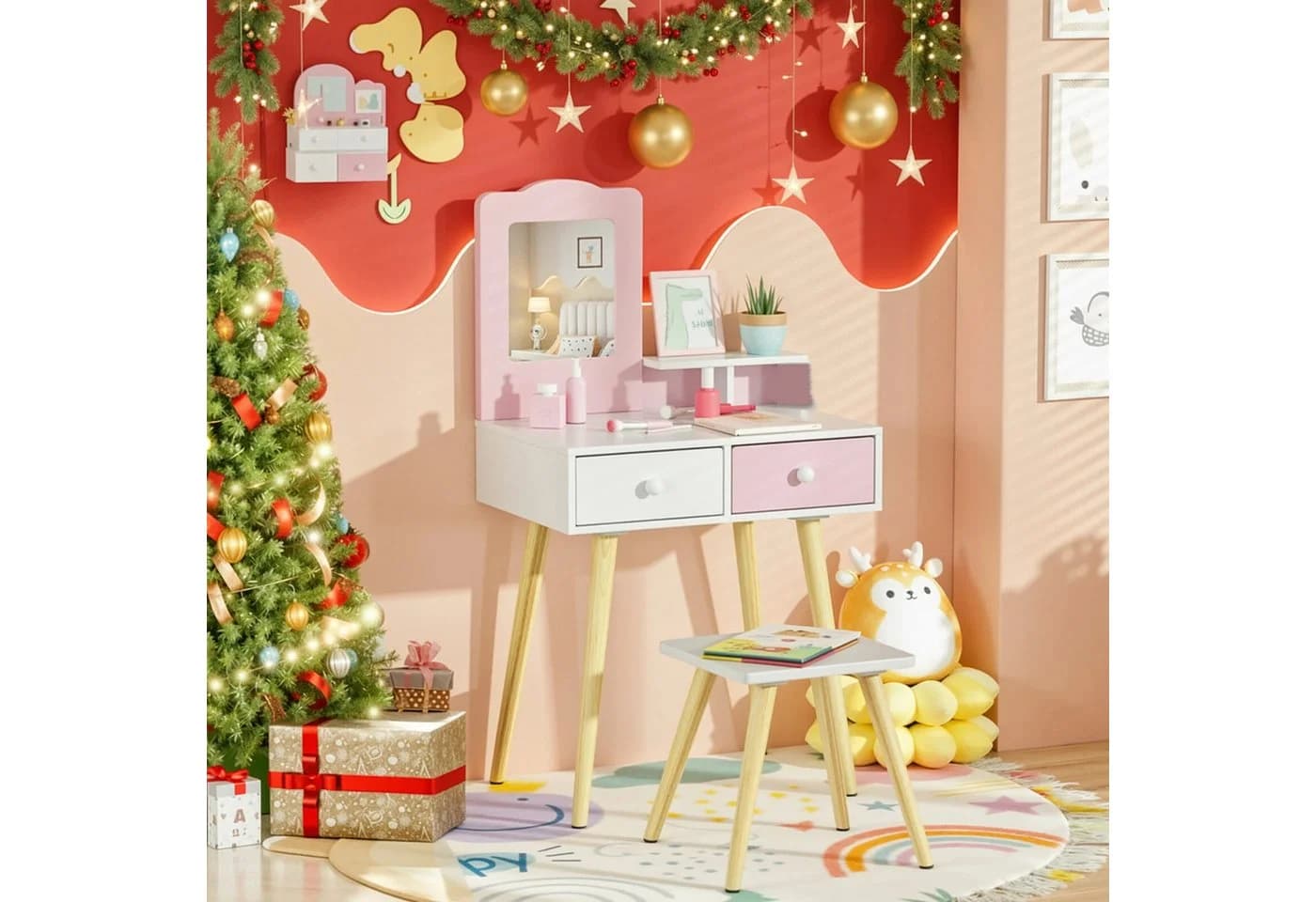 TLGREEN Kinderschminktisch 2-in-1 Rosa-Weiß mit Spiegel, Hocker & Schubladen - Bild 2