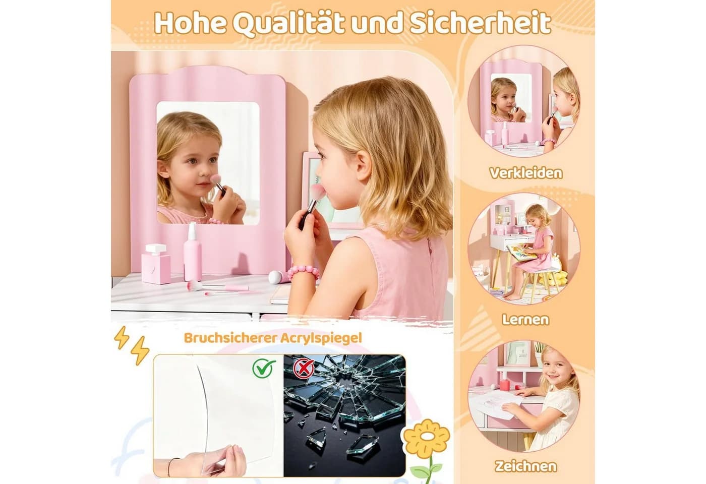 TLGREEN Kinderschminktisch 2-in-1 Rosa-Weiß mit Spiegel, Hocker & Schubladen - Bild 4
