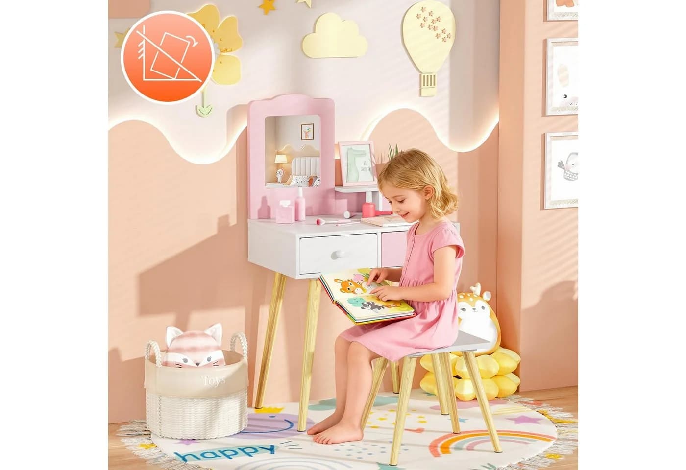 TLGREEN Kinderschminktisch 2-in-1 Rosa-Weiß mit Spiegel, Hocker & Schubladen - Bild 5