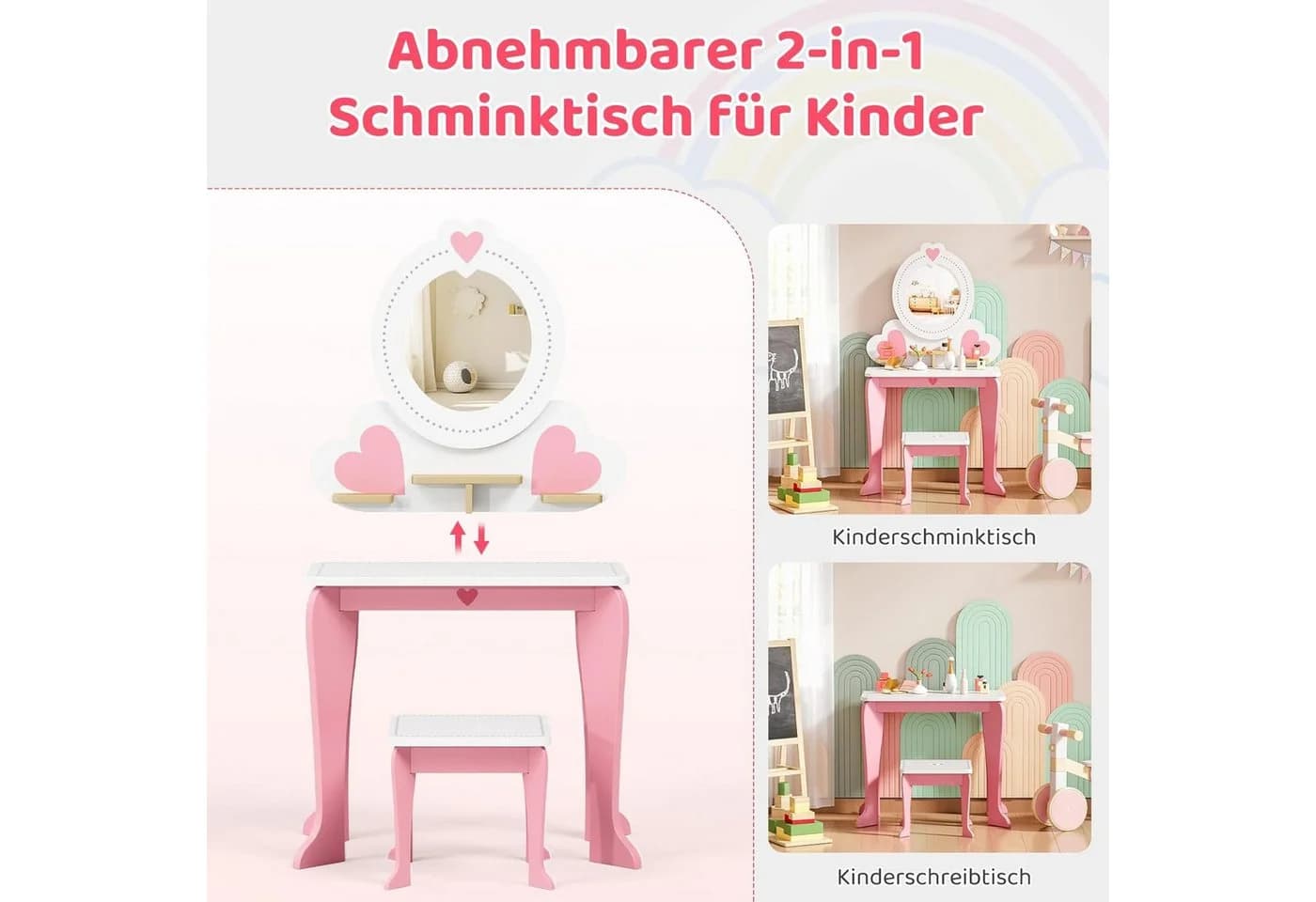 TLGREEN 2-in-1 Kinderschminktisch Rosa mit Spiegel - Bild 3