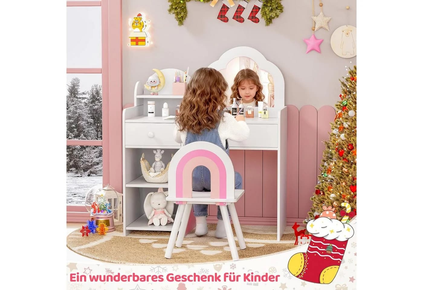 TLGREEN Schminktisch Kinder Cloud Design Rosa/Weiß 2 Schubladen