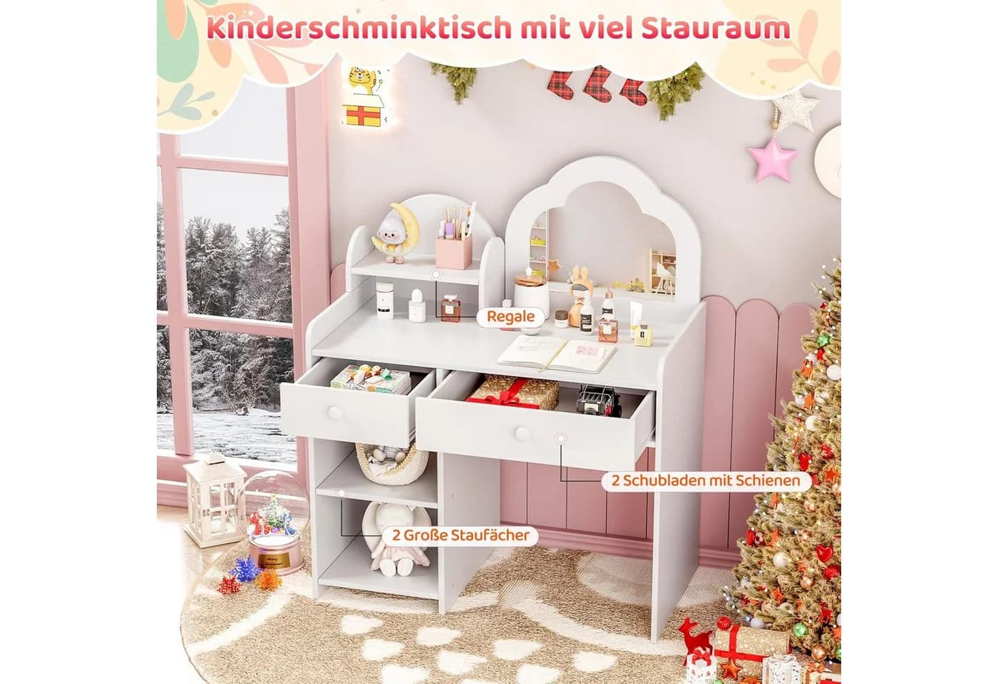 TLGREEN Schminktisch Kinder Cloud Design Rosa/Weiß 2 Schubladen - Bild 3