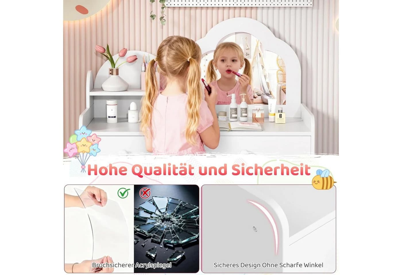 TLGREEN Schminktisch Kinder Cloud Design Rosa/Weiß 2 Schubladen - Bild 5