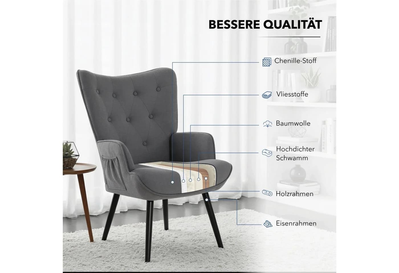 TLGREEN Relaxsessel Ohrensessel mit Hocker, Chenillestoff, 168kg, Sessel-Garnitur mit Hocker für Wohnzimmer