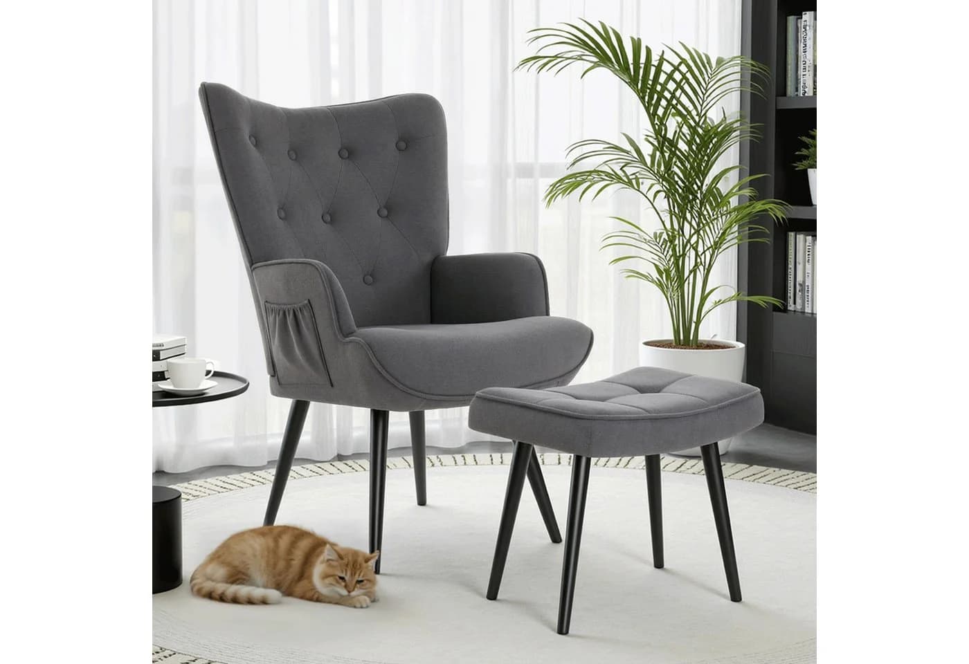TLGREEN Relaxsessel Ohrensessel mit Hocker, Chenillestoff, 168kg, Sessel-Garnitur mit Hocker für Wohnzimmer - Bild 2