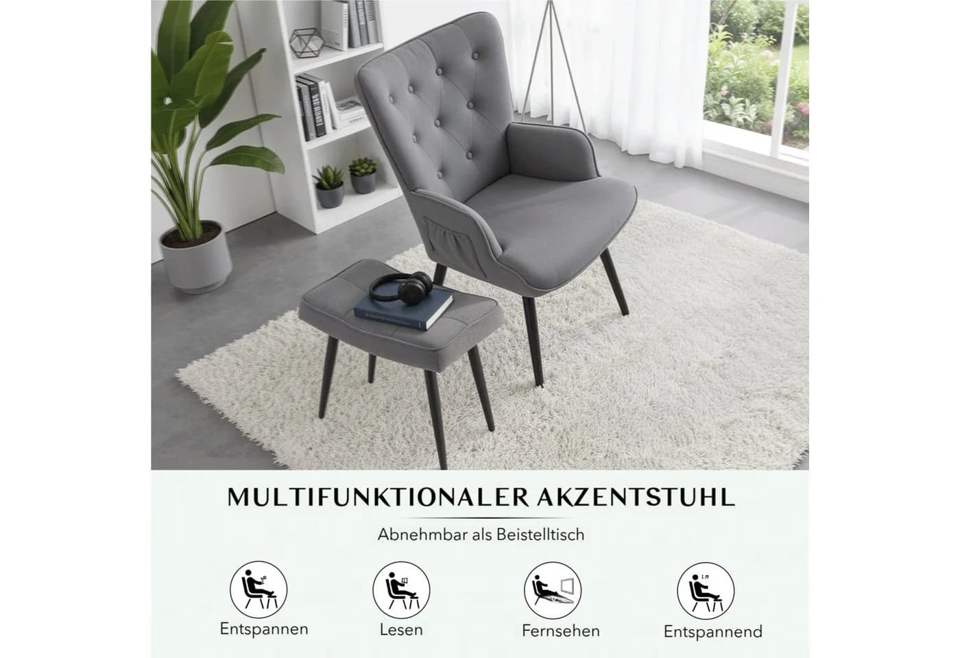 TLGREEN Relaxsessel Ohrensessel mit Hocker, Chenillestoff, 168kg, Sessel-Garnitur mit Hocker für Wohnzimmer - Bild 4
