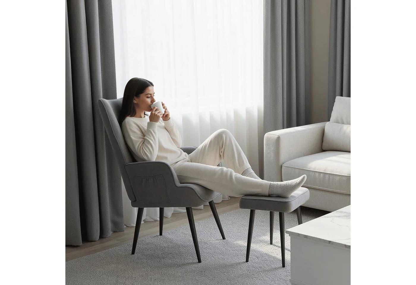 TLGREEN Relaxsessel Ohrensessel mit Hocker, Chenillestoff, 168kg, Sessel-Garnitur mit Hocker für Wohnzimmer - Bild 5