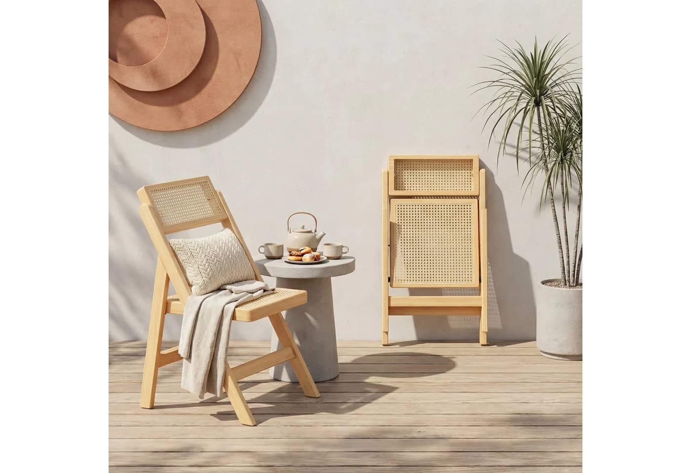 TLGREEN Klappstuhl aus Holz, Rattan Stuhl, Balkonstuhl, Naturfarben - Bild 2