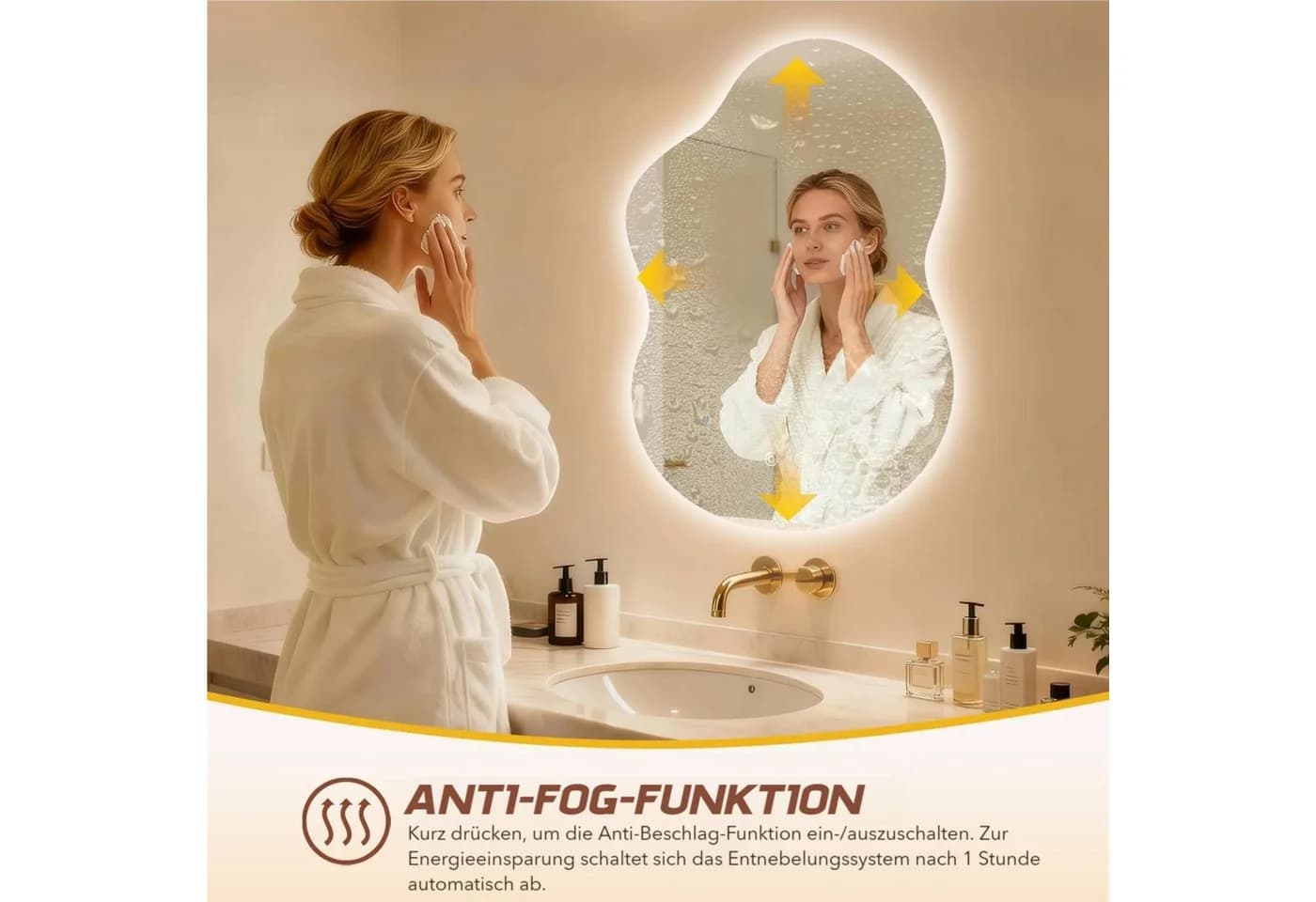 TLGREEN Badspiegel mit Beleuchtung, Asymmetrisch Dekospiegel, LED Spiegel mit 3 Lichtfarben dimmbar, gehärtetes Glas, Touch-Schalter, Memory-Funktion, beschlagfrei - Bild 4