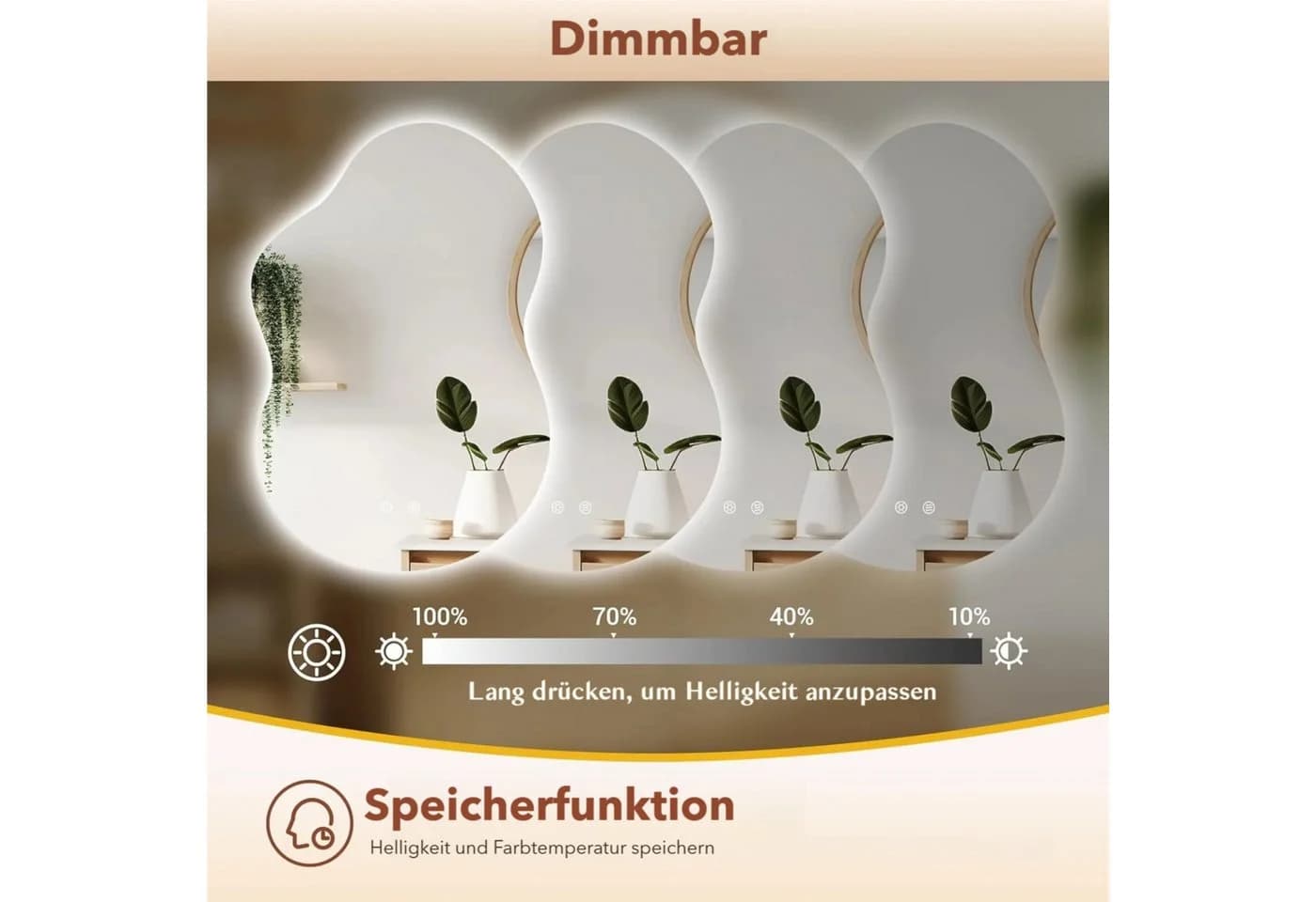 TLGREEN Badspiegel mit Beleuchtung, Asymmetrisch Dekospiegel, LED Spiegel mit 3 Lichtfarben dimmbar, gehärtetes Glas, Touch-Schalter, Memory-Funktion, beschlagfrei - Bild 5